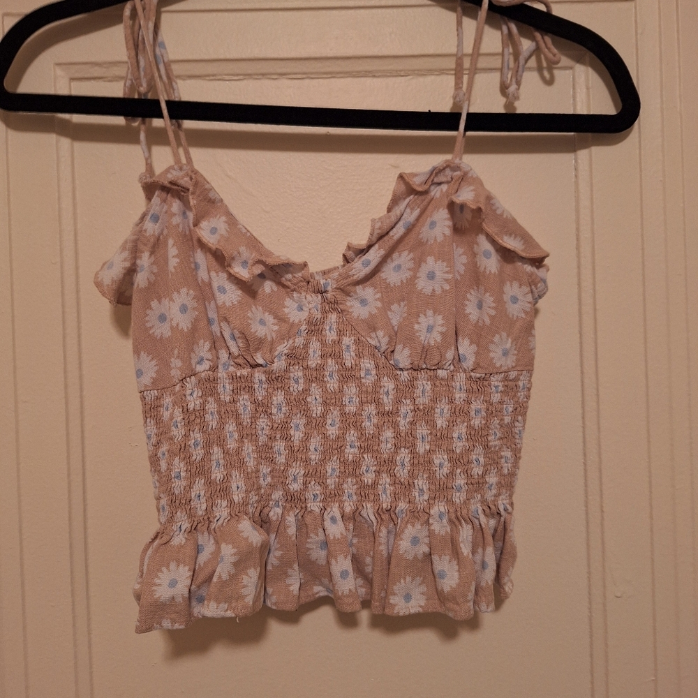 Floral Smocked Beige Top With Spaghetti Straps, Size Medium